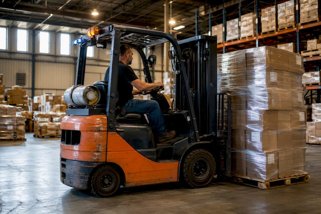 Forklift loading wrapped liquidation pallets