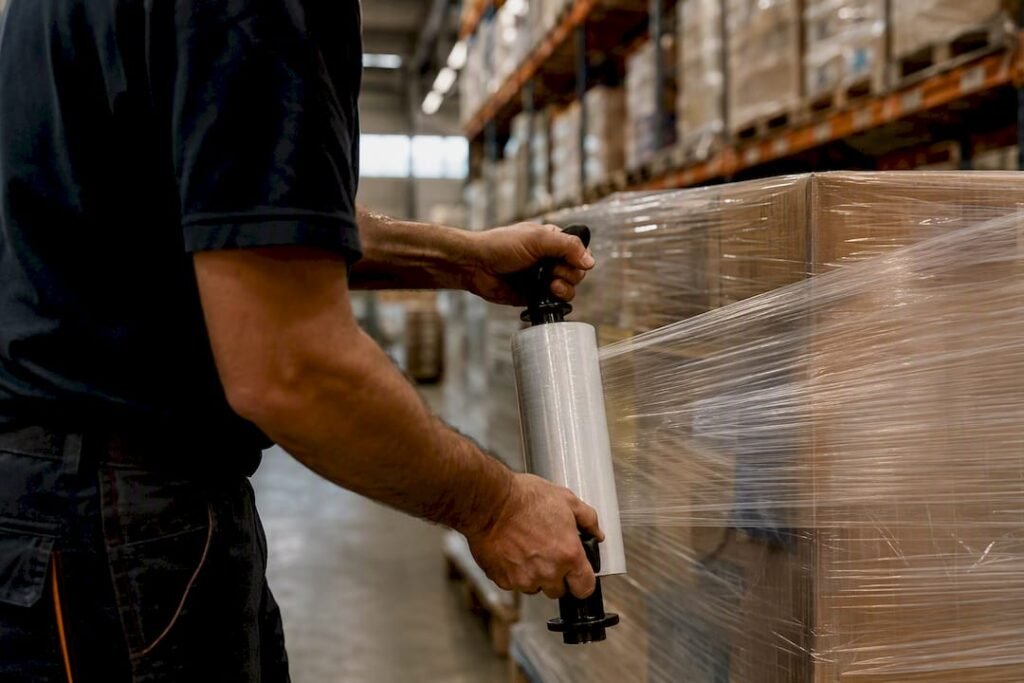 Hands wrapping shipping pallet in warehouse