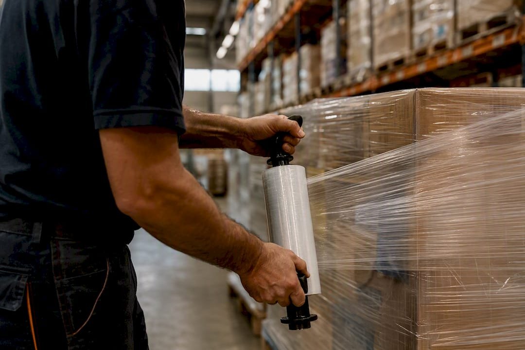 Hands wrapping shipping pallet in warehouse