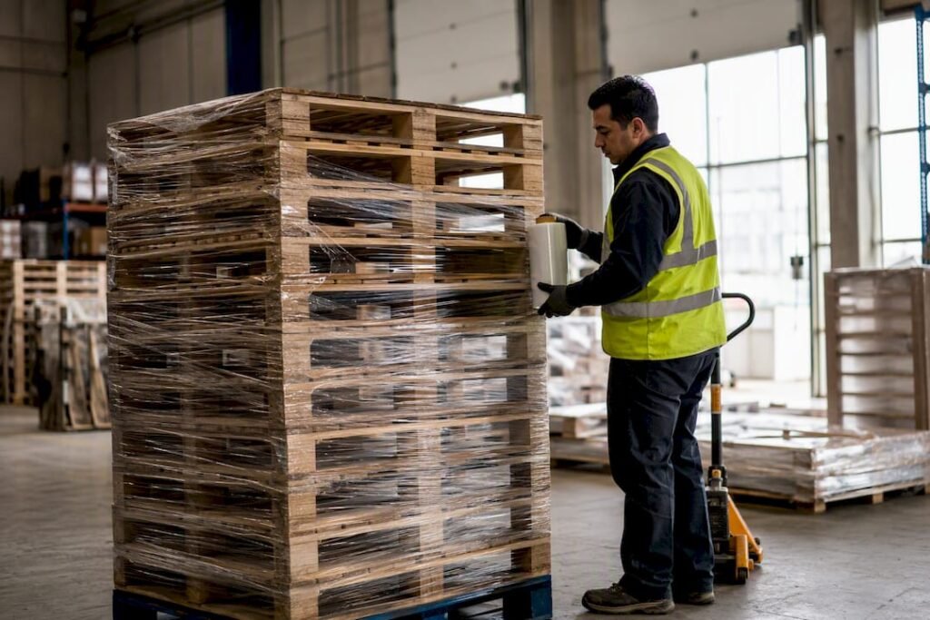 Worker securing wrapped freight pallets on dock