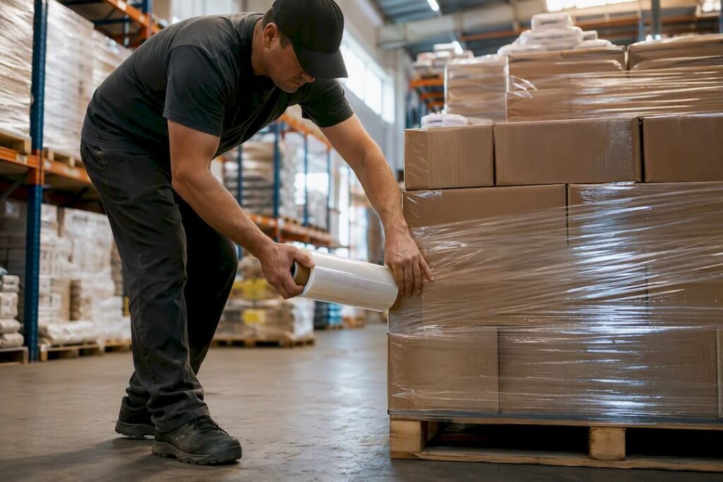 Worker wrapping pallet at warehouse dock