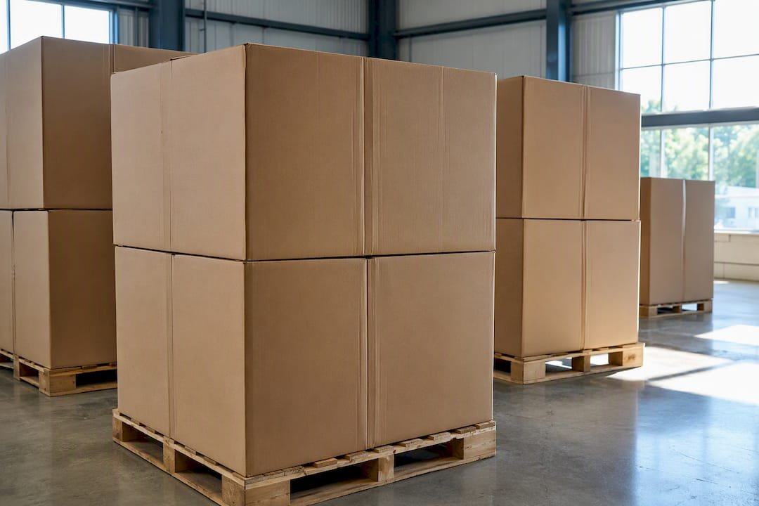 Stacks of 48x40x40 Gaylord boxes in warehouse