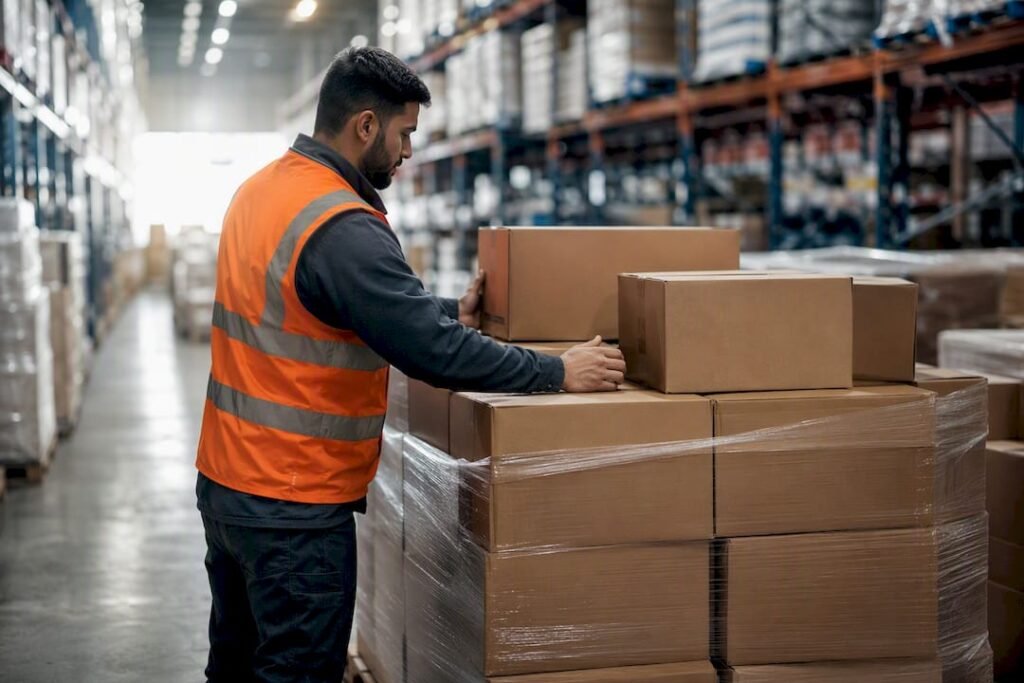 Worker packing liquidation pallet in warehouse