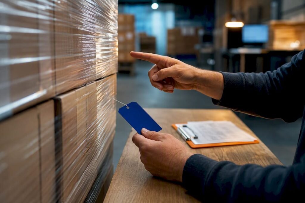 Hands checking pallet inventory against manifest