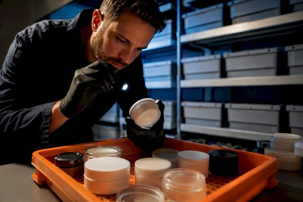 Inspector checking cosmetic container batch codes