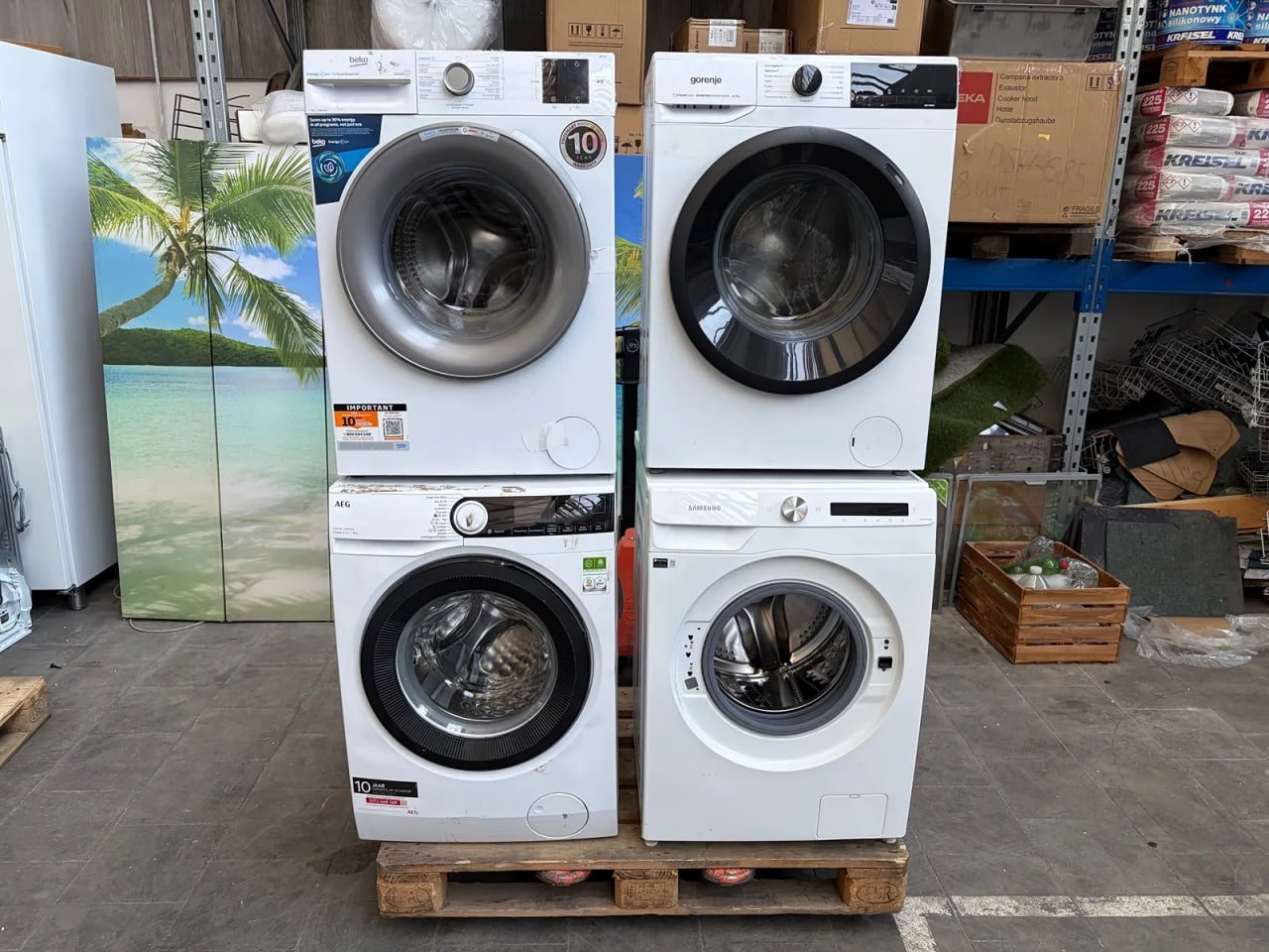 washing machines on pallet 4 Washing Machines Pallet Lot – Beko, Gorenje, AEG & Samsung Returns